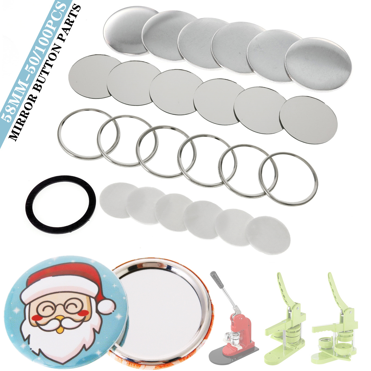 Button Badge Blank - ชิ้นส่วนปุ่มกระจกเปล่า 58 มม., อุปกรณ์เครื่องทำป้ายตรา, อุปกรณ์ทำปุ่มกระจกพกพา DIY