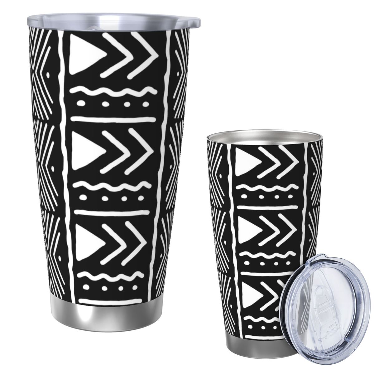 Tumbler 20Oz White - แก้วน้ำสแตนเลสลายชนเผ่าโบโกลันแอฟริกันขาวดำ ขนาด 20 ออนซ์ พร้อมหลอดดูด เก็บความร้อน-เย็น