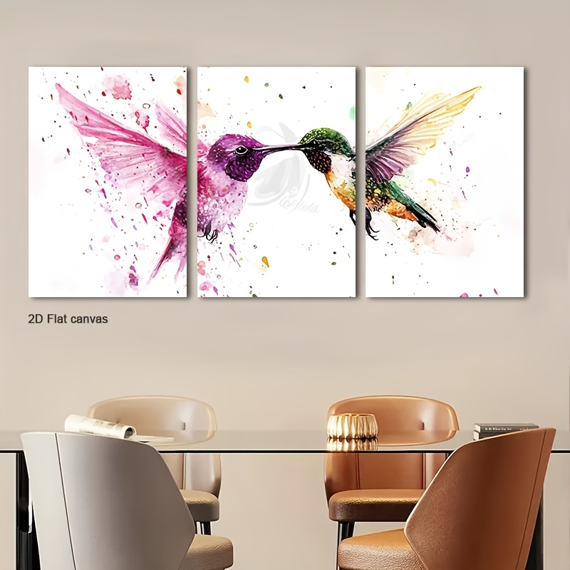 Canvas Wrap Ready - ภาพวาดนกฮัมมิงเบิร์ดสีน้ำแบบไร้กรอบ 3 ชิ้น - ภาพวาดนกที่สมจริง พิมพ์บนผ้าแคนวาสพร้อมแขวน