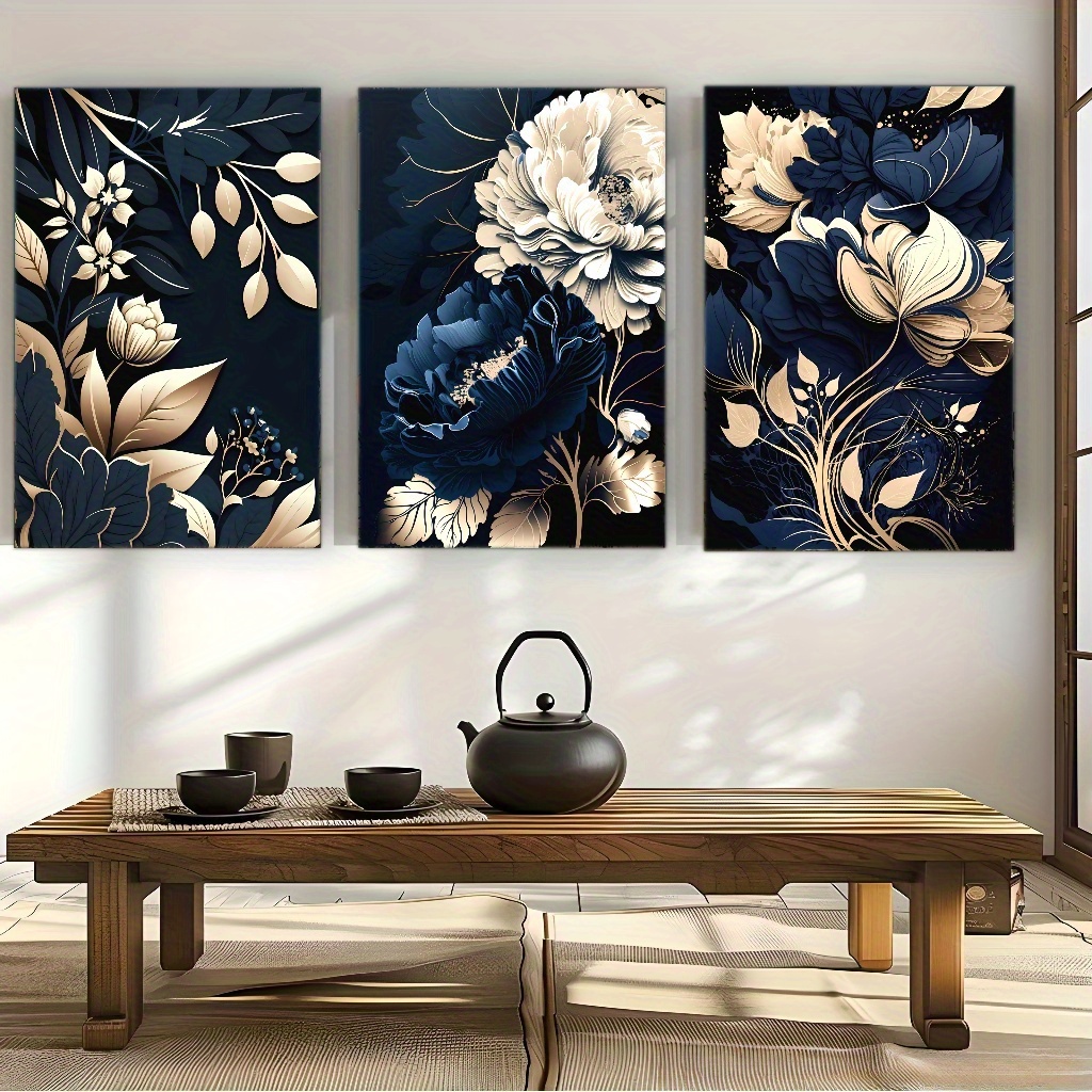 Canvas Wrap Ready - ชุดภาพวาดบนผ้าใบลายดอกไม้ 3 ชิ้น สีน้ำเงินกรมท่า, สีทอง, สีเบจ,