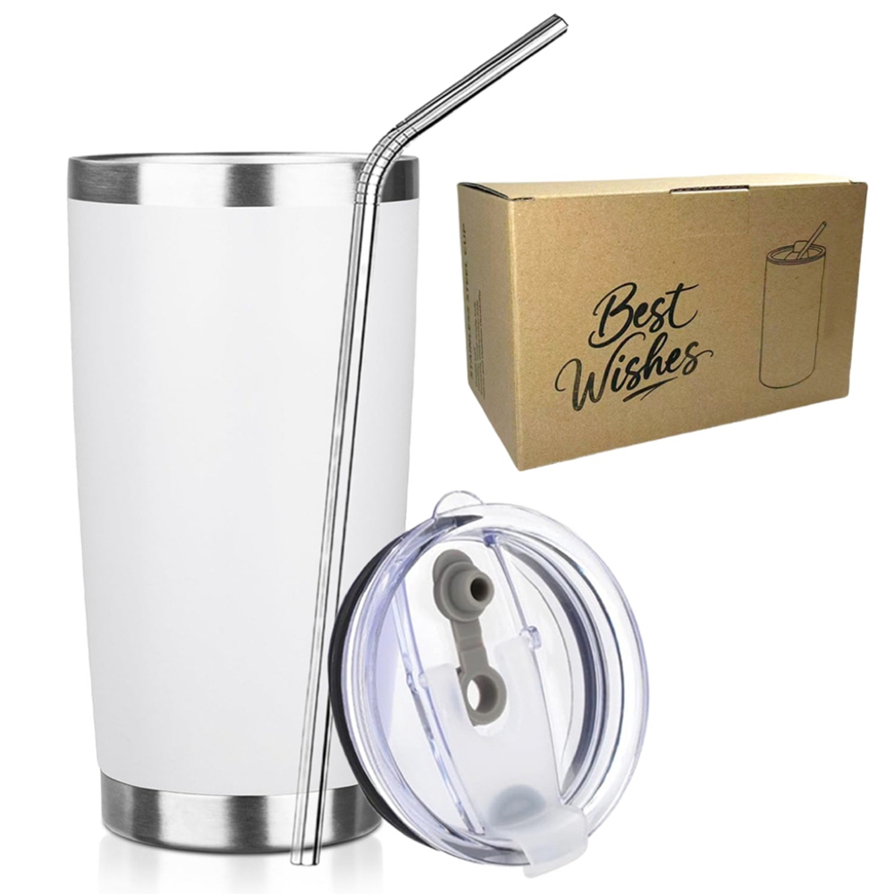 Tumbler 20Oz White - แก้วน้ำสแตนเลสขนาด 20 ออนซ์ พร้อมฝาและหลอดดูด แก้วน้ำเก็บความร้อนสองชั้น สำหรับกาแฟ